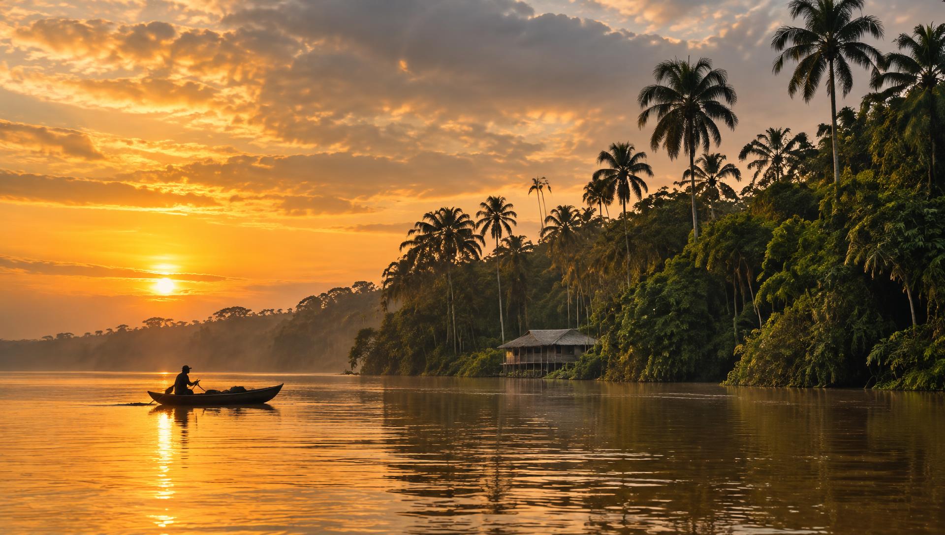 Rio amazônico ao amanhecer com canoa e floresta