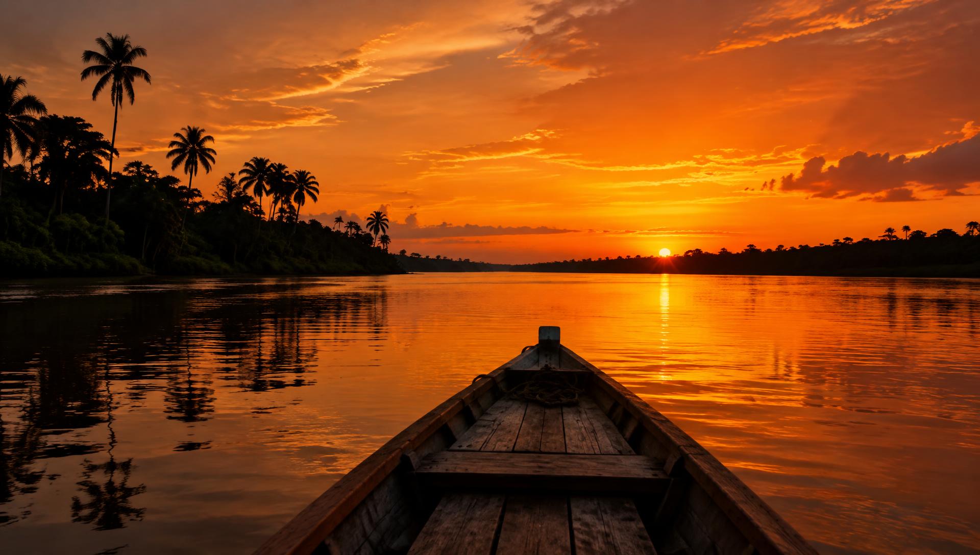 Rio amazônico ao entardecer visto de um barco